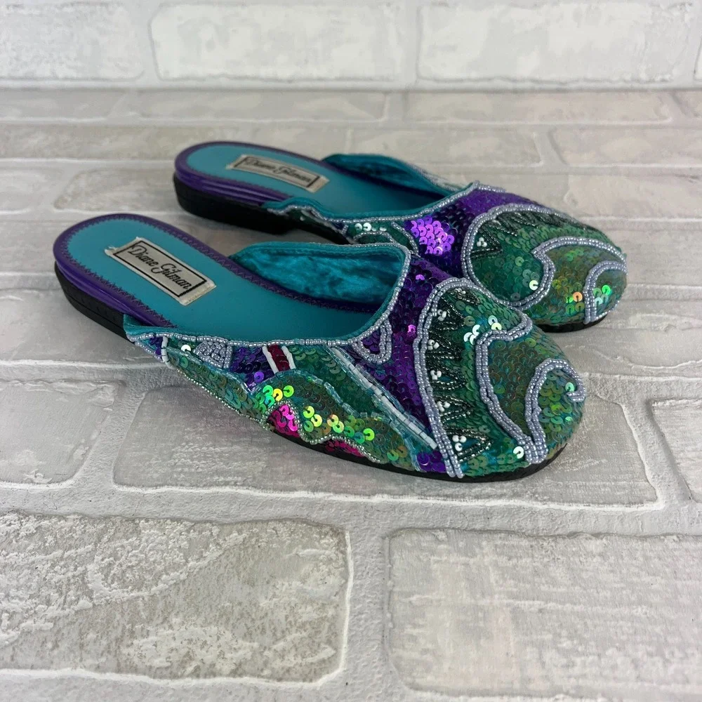 Sequin Beaded Ballet Slides Slip On Mules Womens 8 Wide Colorful Diane Gilman 8W